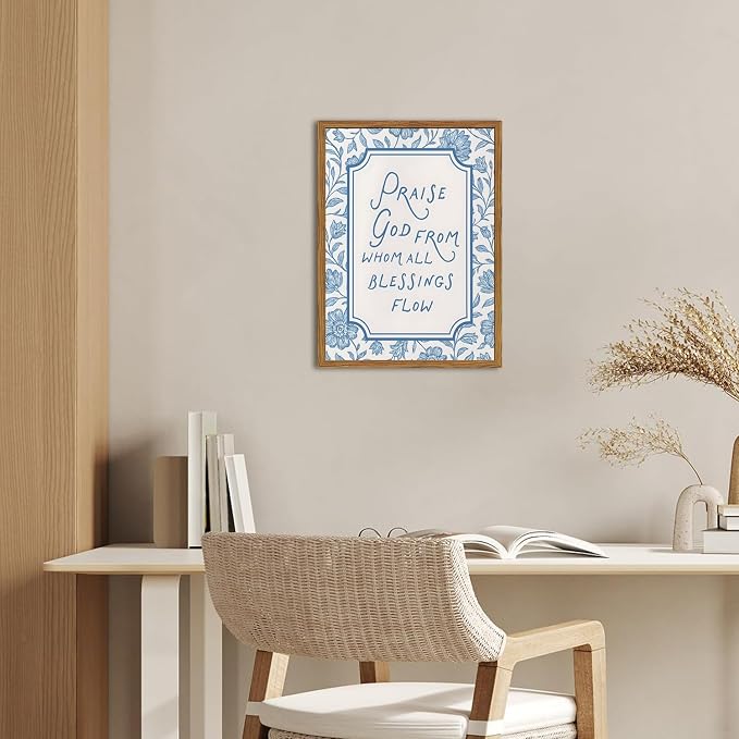 Framed Christian Wall Art, Bible Verse Praise God From Whom All Blessings Flow Pictures Wall Decor, Blue Floral Scripture Paintings Canvas Prints Religious Home Decor for Prayer Living Room 12x16 inch