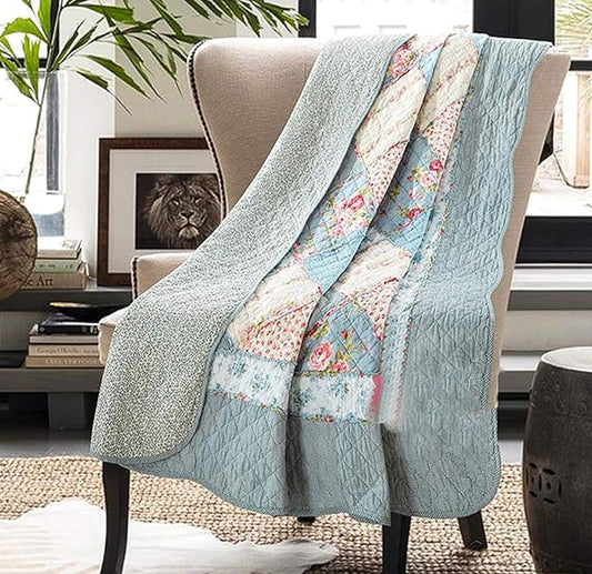 Cozyholy Original 100% Cotton Quilt Full Queen Size Blue Floral Patchwork Quilt, Lightweight Reversible Bedspread Quilted Throw Blanket, Vintage Shabby Chic Cottage Bedding Coverlet for Bed Couch Sofa