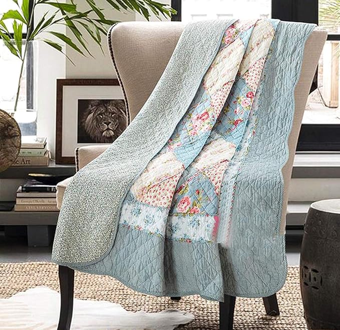 Cozyholy Original 100% Cotton Quilt Blue Floral Patchwork Quilts Quilted Throw Blanket, Reversible Bedspread Coverlet Vintage Shabby Chic Cottage Bedding Quilt for Bed Couch Sofa