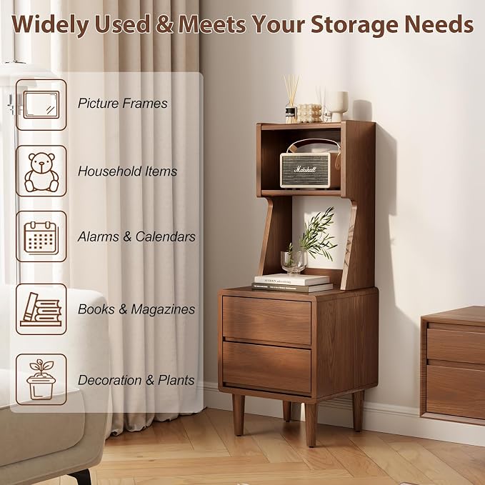 Solid Wood Bookshelf Nightstand Combo, Tall Nightstand with Bookshelf | Walnut Nightstand Bookshelf,Solid Wood Nightstand with Drawers,Open Shelf Bookcase,for Bedroom,Living Room,Offices