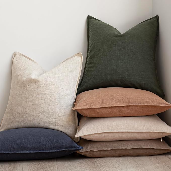 Foindtower Linen Solid Decorative Throw Pillow Cover 26x26 Inch Dark Green | Boho Farmhouse Morden Pillowcase,Pack of 2 Soft Accent Cushion Covers,Rustic Home Decor for Chair Couch Bedroom Living Room