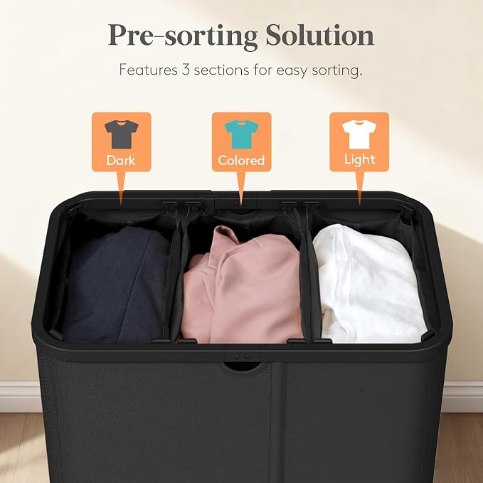Lifewit 185L 3 Section Laundry Hamper with Lid, Laundry Basket, Black | Large Foldable Laundry Sorter with 3 Removable Bags, Tall Clothes Hamper for Bedroom and Bathroom