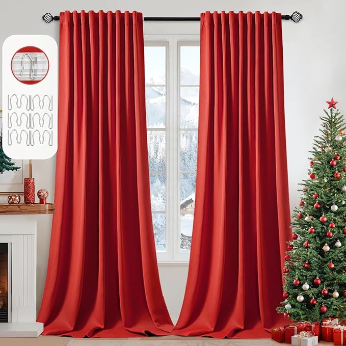 MIULEE Christmas Red Back Tab Blackout Curtains 52x102 Inch Long 2 Panels | Rod Pocket Pinch Pleated, Thermal Insulated, Room Darkening, Light Blocking, Privacy Curtains for Living Room Bedroom