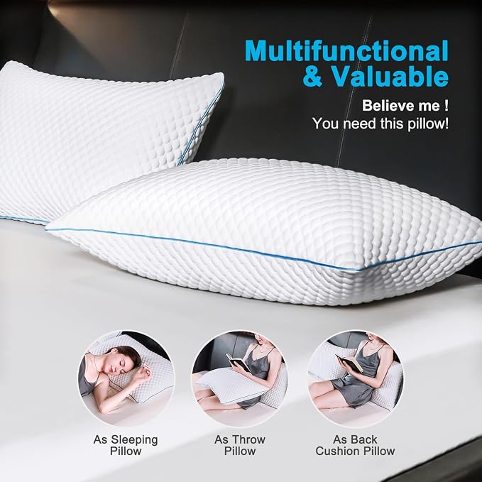 Cooling Shredded Memory Foam Bed Pillows, Queen Size, Set of 2, 20 x 30 in | Adjustable Firm, Supportive, Breathable, Hypoallergenic, Odorless, Luxury, Cool Gel pillows for Side Back Stomach Sleepers