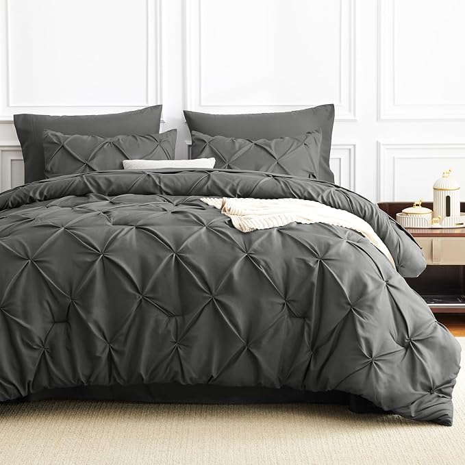 HIMEET Queen Comforter Set Dark Grey - 7 Pieces Pintuck Bed in a Bag | OEKO-TEX Certified, 240GSM Down Alternative Comforter, 14" Deep Pocket Fitted Sheet + Flat Sheet + 2 Pillowcases + 2 Shams