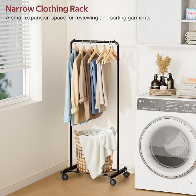 KIMBORA Small Clothing Rack with Wheels, Portable Clothes Racks for Hanging Clothes, 56" Metal Rolling Garment Rack for Coats, Jackets, and Shirts, Black