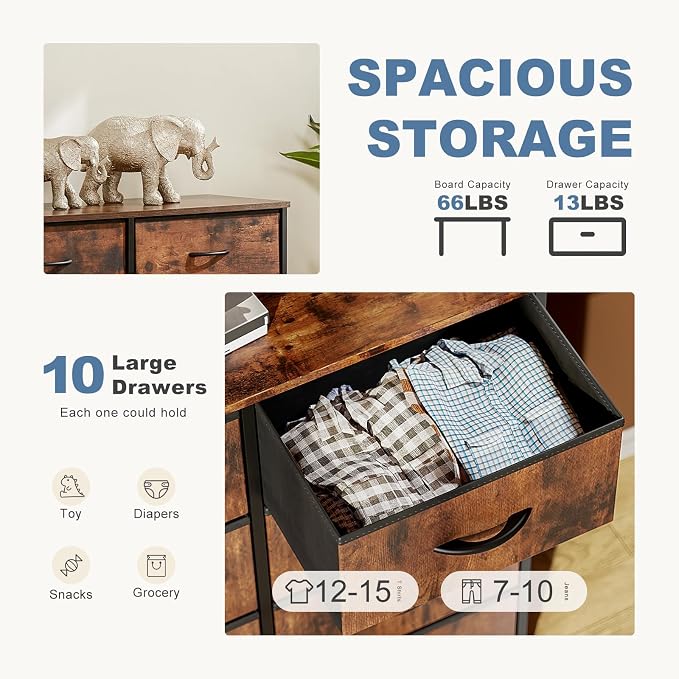 DUMOS 10 Drawer Dresser for Bedroom, Storage Organizer Chest of Drawers | Wide Fabric Closet Organizer Tower Furniture with Wooden Top Metal Frame, Dorm, Brown