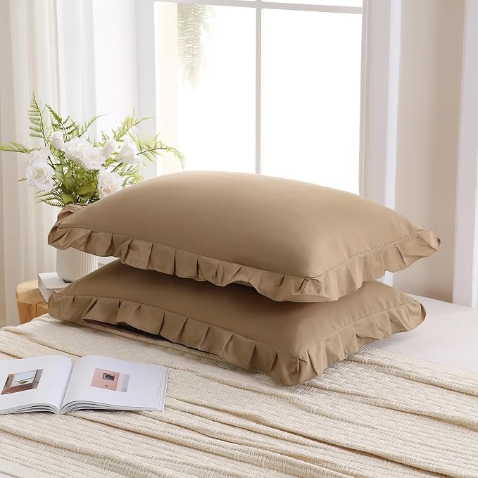 Merryword Taupe Pillow Shams Taupe Ruffle Standard Pillowcases Cute Pillow Cover Set of 2 Shabby Chic Soft Microfiber Pillowcases 2 Pack