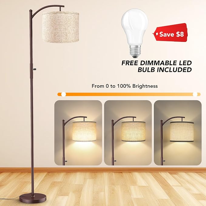 ROTTOGOON Dimmable Floor Lamp, Arc Floor Lamps for Living Room, Stepless Dimming Modern Standing Lamp with Linen Shade, Tall Lamp for Bedroom Office Dining Room- Brown