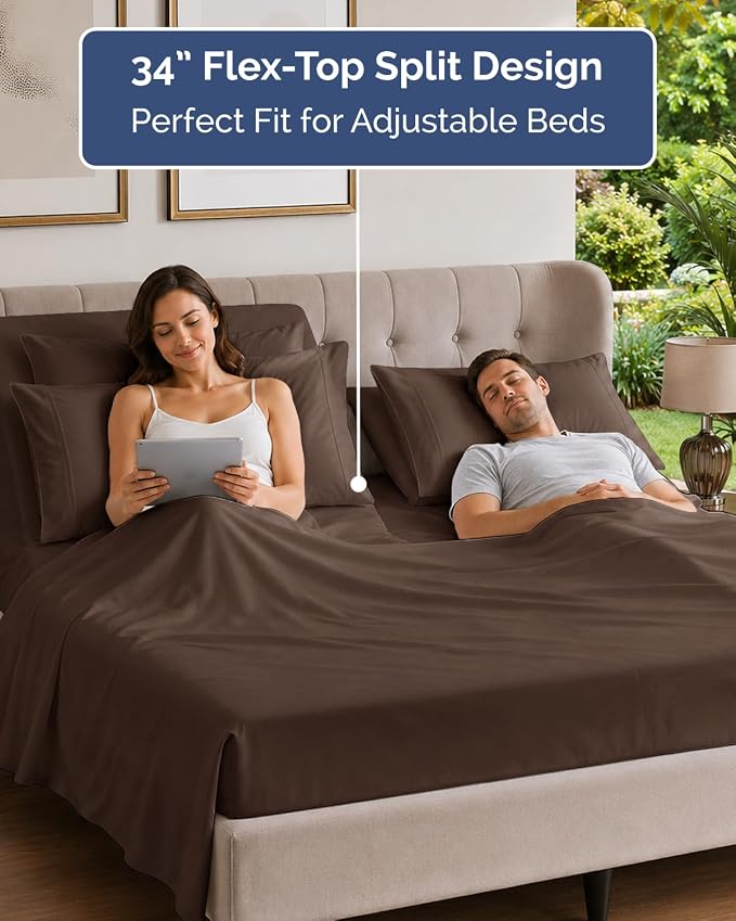 Flex Top Split Head King 6 Piece Sheet Set - Breathable & Cooling - Brown | Ultra Soft Hotel Luxury Bedding Set w/ 8-16 Inch Deep Pockets, 1 Flat & 1 Split-Head Fitted Sheet & 4 Pillowcases, Fade Free