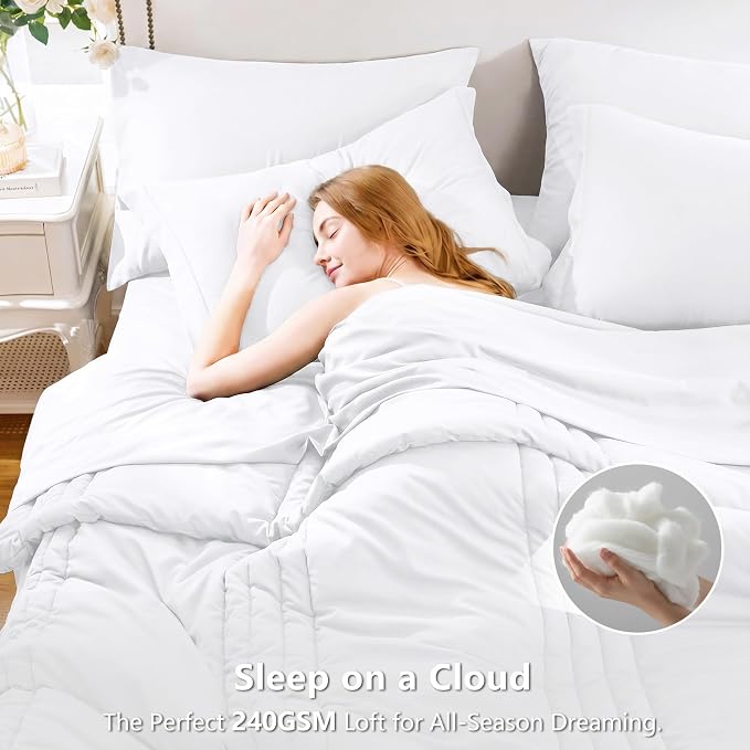 Queen Comforter Set White - 7 Pieces Vertical Quilted Bed in a Bag | OEKO-TEX Certified, 240GSM Down-Alternative Comforter, 14" Deep-Pocket Sheets, Shams & Pillowcases, Lightweight