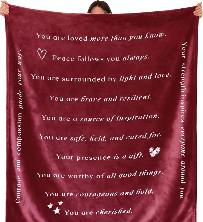 Compassion Blanket (Brand)- Strength Courage Super Soft Warm Hugs, Get Well Gift Blanket Plush Healing Thoughts Positive Energy Love & Hope (Burgundy, 50 x 60 Fleece)