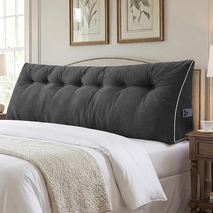 Sasttie Headboard Pillow King, Wedge Pillow Headboard, Dark Grey | Triangle Backrest Cushion for Sitting or Reading in Bed, Dorm Essentials, OEKO-TEX, Down Alternative Fill, Side Pockets
