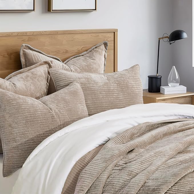 Striped Channel Velvet Quilt Set, King Size, Urban Taupe | Luxurious Soft Lightweight Velvet Comforter, Oversized Bedspread Coverlet, Quilted Bedding Set for All Season, with 2 Shams