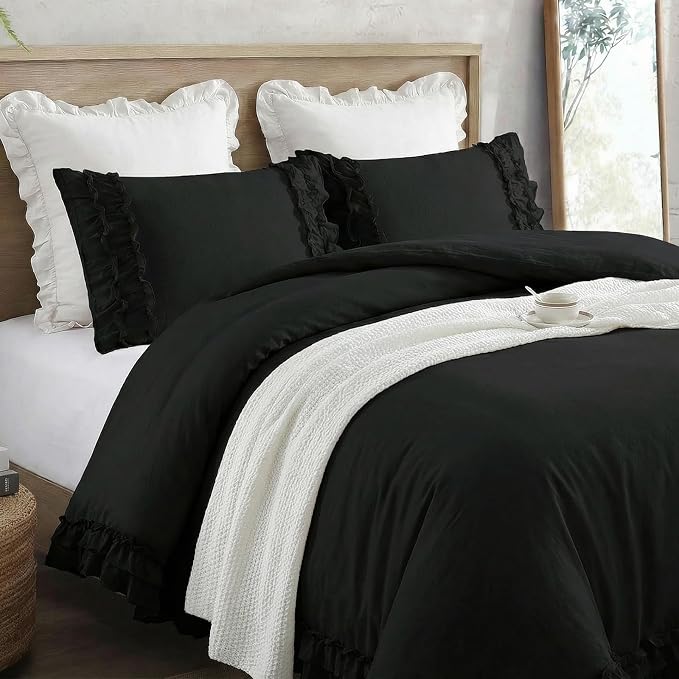 Bedorm Black Duvet Cover King Pleated Ruffled Bedding Set Shabby Chic Lace Ruffle Fringe French Country Room Decor Super Soft Cozy Black Boho Duvet Cover Sets