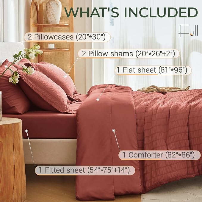 7 Pieces Full Comforter Set, Seersucker Bed in a Bag Full Size, All Season Luxury Bedding Set with Comforter, Flat Sheet, Fitted Sheet, Pillowcases & Shams, Coral