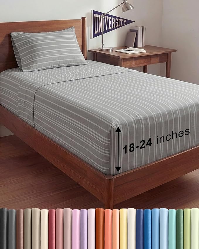 Extra Deep Twin XL Sheet Set - 3 Piece College Dorm Room - Grey Stripes | Soft, Breathable & Cooling, Easily Fits 18 to 24 inch Mattress, Wrinkle Free & Fade Resistant with Extra Deep Pockets