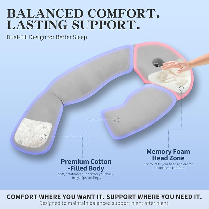 Pozico Pregnancy Pillow with Memory Foam Head Support for Side Sleepers | Built-in Memory Foam Comfort, Hybrid Fill for Balanced Support, Ergonomic Full-Body Support, Breathable & Easy to Care