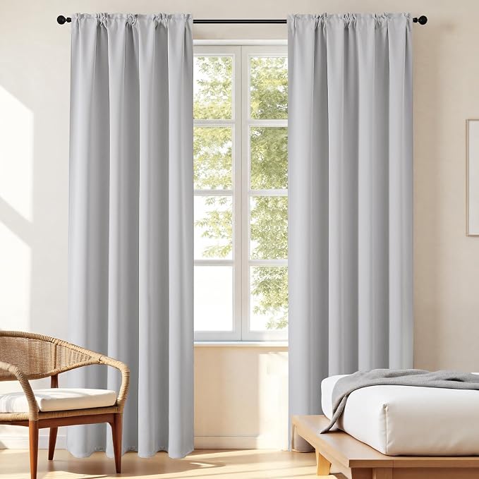 CUCRAF Grayish White Blackout Curtains 108 inch Length 2 Panels Set, Rod Pocket Room Darkening Drapes for Bedroom Living Room, Insulated Thermal Light Blocking Window Curtain (W52 x L108 Inch)