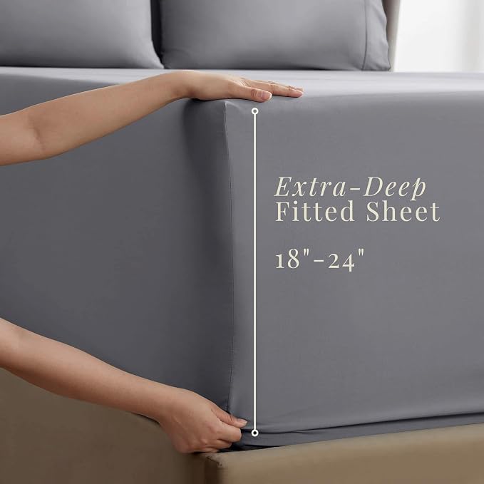 Hearth & Harbor Bed Sheets, Luxury Soft 6 Piece Bed Sheet Set Extra Deep Pocket Fitted Sheets Fits Mattress up to 21", Double Brushed Bedding Sheets & Pillowcases, Split King, Frost Gray