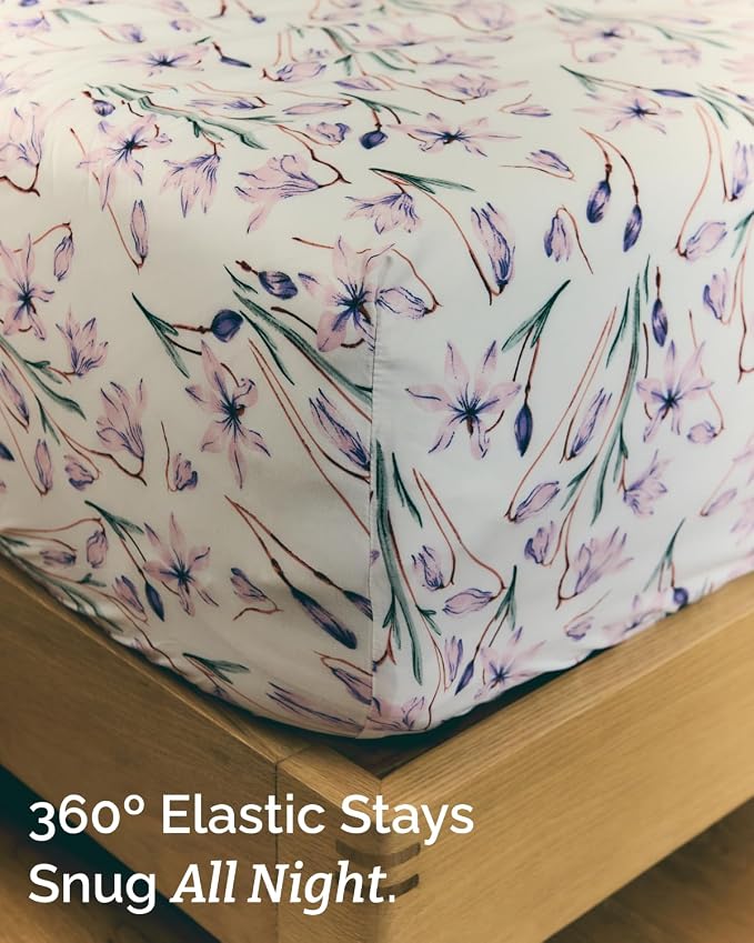 Twin XL 3 Piece Boho Botanical Floral Sheet Set - Soft & Cooling - Iris | 1 Flat, 1 Fitted & 1 Pillowcase w/ Deep Pockets, Boho Botanical Floral Bedding, Breathable & Cooling, Wrinkle & Fade Free