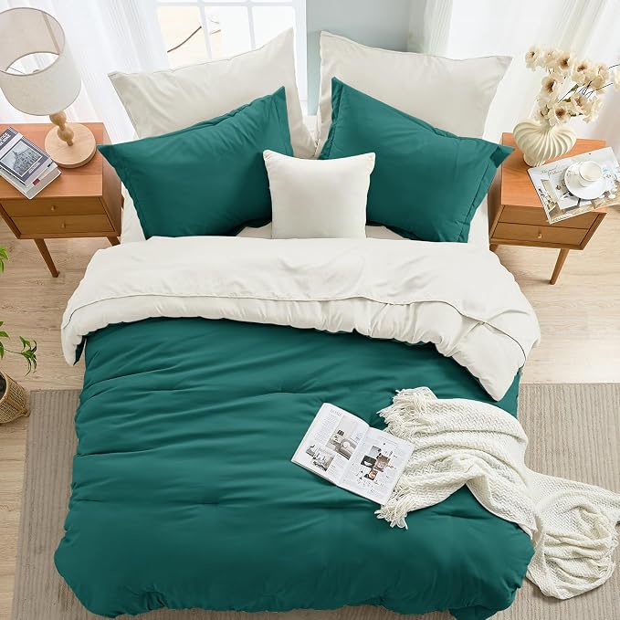 7 Pieces Queen Comforter Set, Soft Bed in a Bag Queen Size, All Season Bedding Set with Comforter, Flat Sheet, Fitted Sheet, Pillowcases & Shams, Peacock Blue & Ivory
