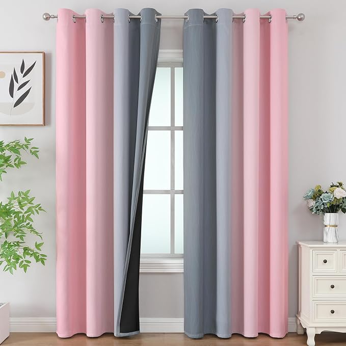 Ombre Grey and Pink Blackout Curtains for Bedroom 108 Inch | Room Darkening Blackout Curtains for Living Room,Thermal Insulated Gradient Grommet Window Drapes, 52Wx108L Inch,2 Panels
