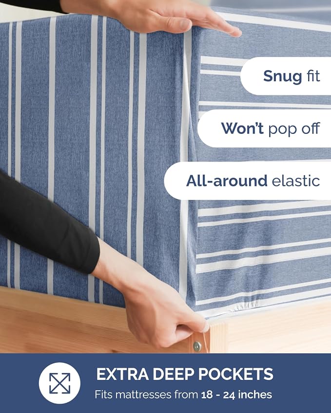 Flex Top Split Head King Sheet Set - 4 Piece Extra Deep - Blue Stripes 3 | Easily Fits 18 to 24 inch Mattress, Ultra Soft, Wrinkle & Fade Free with Extra Deep Pockets, Comfy Hotel Luxury Bedding