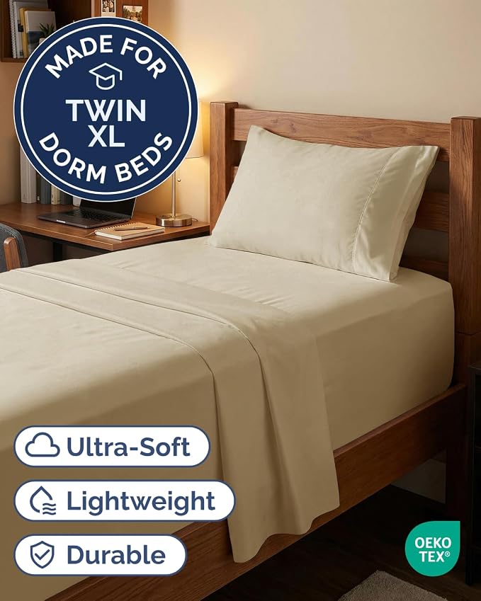 Extra Deep Twin XL Sheet Set - 3 Piece College Dorm Room - Beige | Soft, Breathable & Cooling, Easily Fits 18 to 24 inch Mattress, Wrinkle Free & Fade Resistant with Extra Deep Pockets