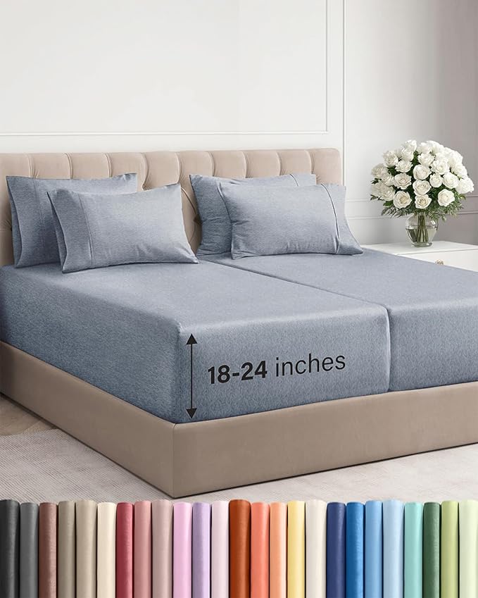 Extra Deep Split King Sheet Set - 7 Piece Cooling Sheets - Heathered Blue | Hotel Luxury Bed Sheets Set, Easy & Secure Fit, Ultra-Soft, Wrinkle & Fade Free, Comfy Sheets Set with Extra Deep Pockets