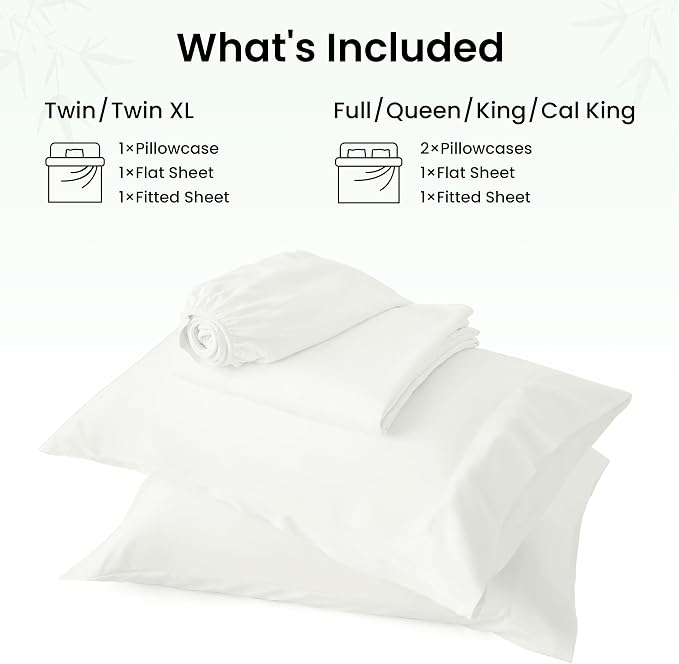 Love's cabin 3 Piece Twin Sheet Set, 100% Rayon Derived from Bamboo, Cooling & Breathable, Soft Silky Deep Pocket up to 16", Hotel Luxury Bedding for Hot Sleepers, White