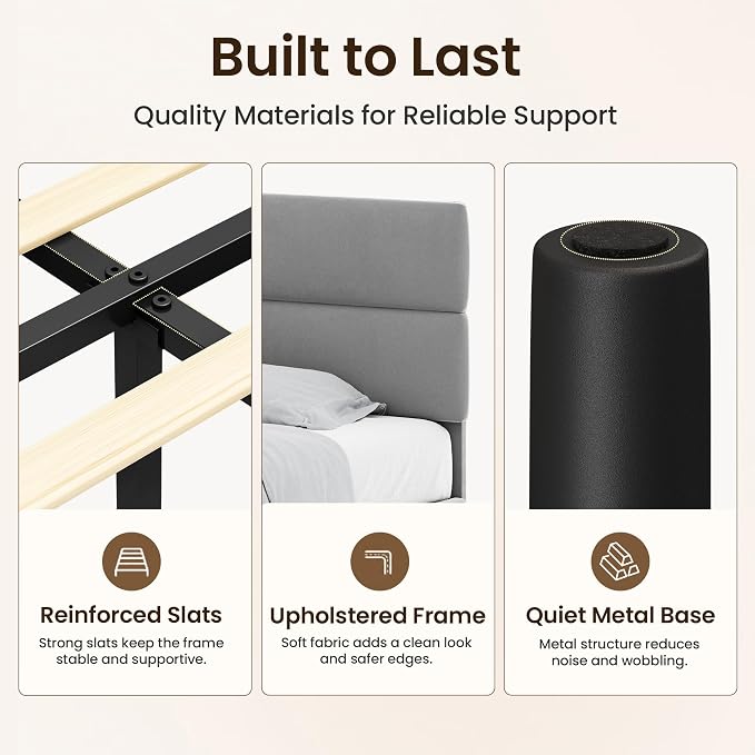 GRUSIGN Full Size Platform Bed Frame with Velvet Headboard, Adjustable Height Wooden Slats Support, Upholstered Mattress Foundation, Fits Mattress or Mattress with Box Spring, Easy Assembly, Grey