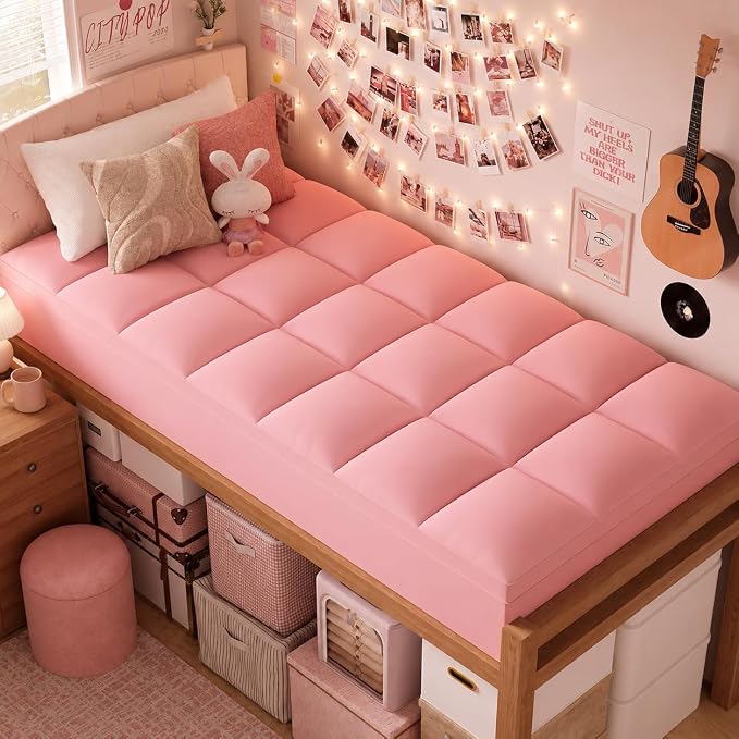 ELEMUSE Twin XL Mattress Topper for Dorm, Plush Pillow Top Bed Pad | Pink college dorm essential with plush comfort, designed for Twin XL beds in dorm rooms, and back to school upgrade