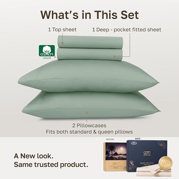 California Design Den 100% Egyptian Cotton Queen Size Sheet Set, Mint Green | Backed by Good Housekeeping Seal, Light & Airy Soft Sateen, 16" Deep Pocket, All-Around Elastic, Durable, Easy Care 4pc Set