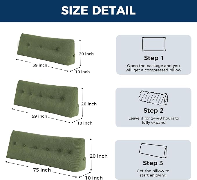 Headboard Pillow King, Wedge Pillow Headboard, Forest Green | Triangle Backrest for Headboard, Bed Pillow for Sitting Up Reading Working, Removable Cover, Side Pockets, for Bed Dorm Sofa