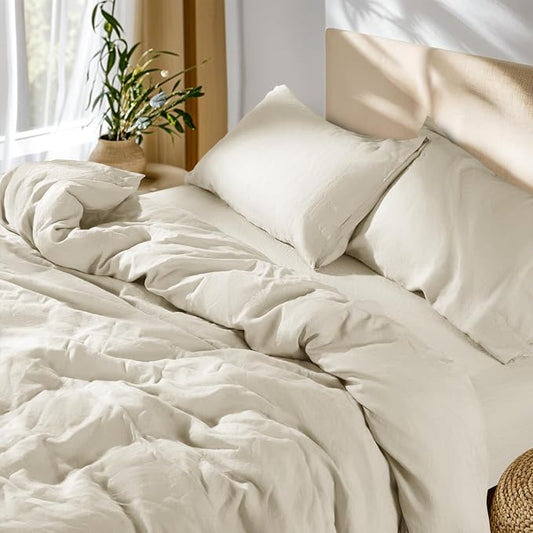SONORO KATE 100% French Linen Queen Duvet Cover Set,Zipper Closure,3PC | Natural French Flax,Soft Breathable for Hot Sleepers,Moisture Wicking & Durable,4 Corner Ties,Cream