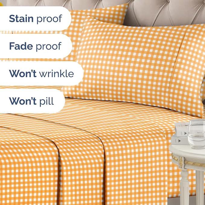 Cal King 4 Piece Striped Sheet Set - Breathable & Cooling - Orange Gingham | 1 Flat, 1 Fitted & 2 Pillowcases w/ Deep Pockets, Luxury Striped Bedding, Soft, Breathable & Cooling, Wrinkle & Fade Free
