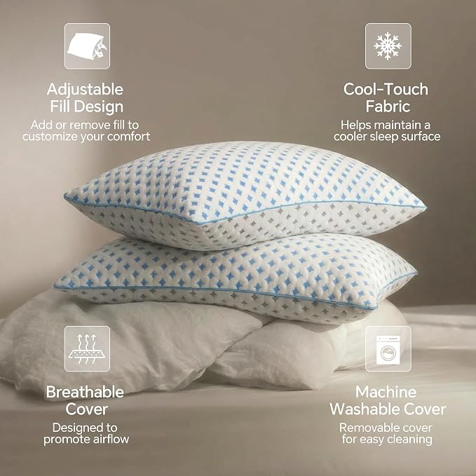 Pillows Queen Size Set of 4 for Sleeping, Cooling Adjustable Memory Foam Pillows, Dual Fill Design Helps Maintain Shape, Breathable Washable Cover