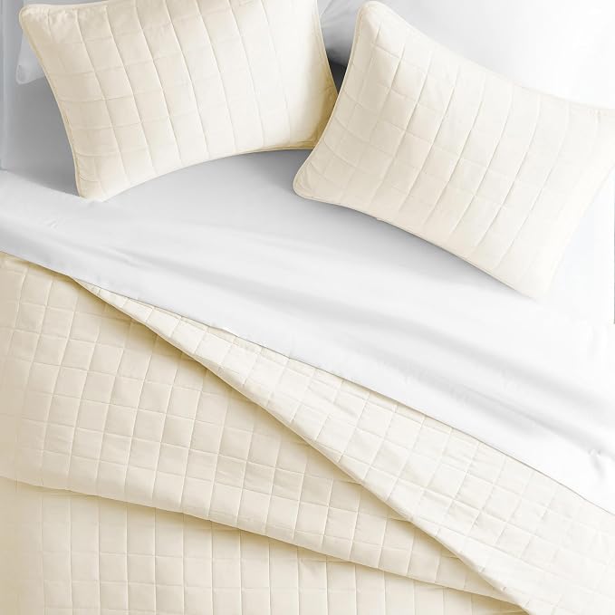 Merit Linens Classic Quilt Coverlet Soft Set in Square Stitching - Full/Queen Ivory