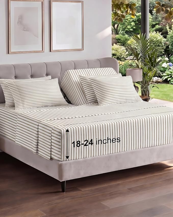 Extra Deep Flex Top Split Head King Sheet Set - 6 Piece Breathable and Cooling Sheets - Hotel Luxury Bedding for Women, Men, Kids & Teens - Easy Secure Fit - Extra Deep Pockets - Beige Stripes 2