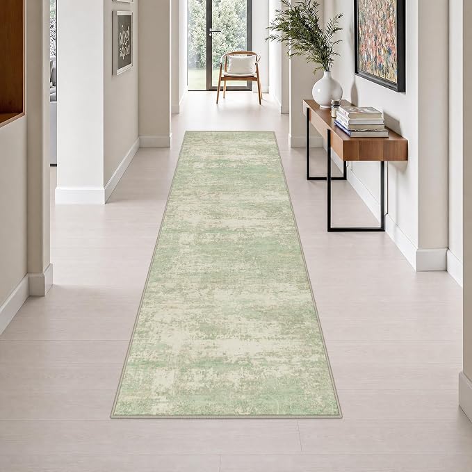 2.6x10 Washable Runner Rug:Modern Abstract Soft Carpet Green Cream | For Hallway, Bedroom, Kitchen, Laundry, Bathroom,Door Mat,Modern Abstract,Machine washable,Non-Slip,Stain Resistant,Indoor