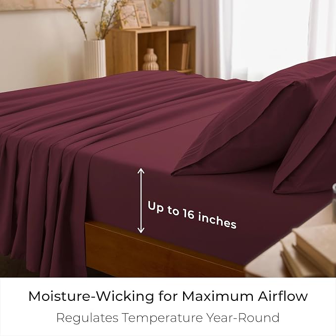 Mellanni Iconic 4-Piece, Ultra Soft Sheet Set (California King, Burgundy) | 10M+ Sleepers. Lab-tested: Sleeps Cool, Stays Bright, Strong, Smooth. Good Housekeeping Best Bedding, 7 yrs running.