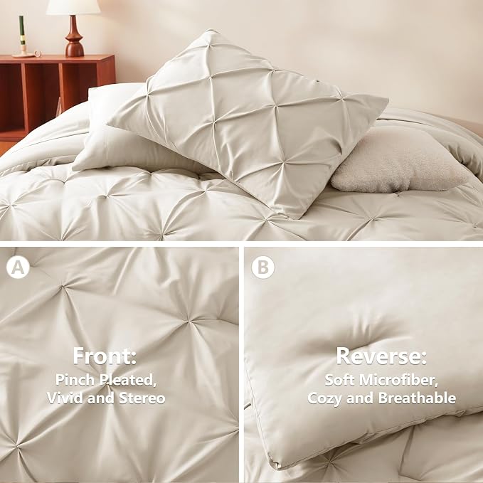 HIMEET Full Size Comforter Set Beige - 7 Pieces Pintuck Bed in a Bag | OEKO-TEX Certified, 240GSM Down Alternative Comforter, 14" Deep Pocket Fitted Sheet + Flat Sheet + 2 Pillowcases + 2 Shams