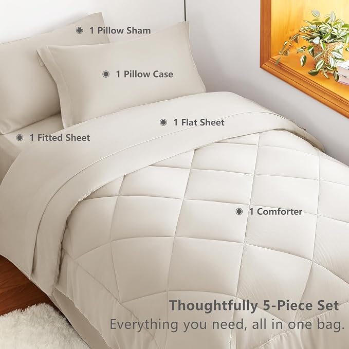 Twin XL Comforter Set with Sheets Beige - 5 Pieces Bed in a Bag | College Dorm Essentials, OEKO-TEX Certified, All Season, 240GSM Down-Alternative Comforter, Sheets, Pillowcase & Sham