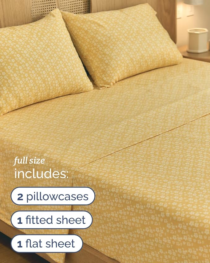 Full 4 Piece Floral Sheet Set - Soft, Breathable & Cooling - Yellow Meadow | 1 Flat, 1 Fitted & 2 Pillowcases w/ Deep Pockets, Boho Botanical Floral Bedding, Breathable & Cooling, Wrinkle & Fade Free