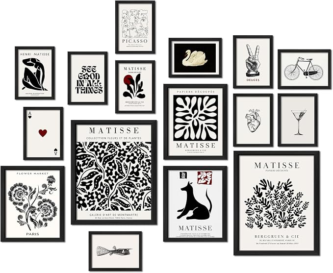 16 PCS Black and White Wall Art Decor, Matisse Abstract Gallery Wall Prints for Bedroom, Minimalist Posters for Living Room Aesthetic, Collage Kit Pictures, Dorm Home Decor
