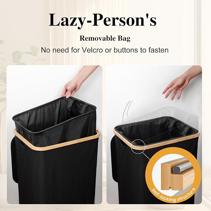 Foluck 100L Laundry Hamper with Lid Removable Bag and Bamboo Handles | Waterproof Self-locking Inner Bag, 3 Different Handles, 600D Cationic Cloth, for Dorm Bedroom Bathroom