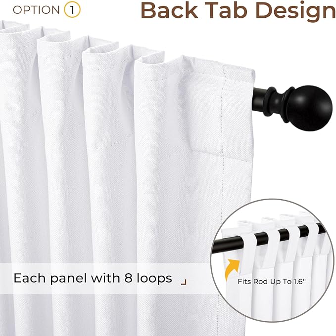 INOVADAY 100% Blackout Linen Curtains for Bedroom 50x96 Inches Bright White | Linen Textured, Light Blocking, Room Darkening, Thermal Insulated, Back Tab Top, Window Curtains for Living Room, 2 Panels
