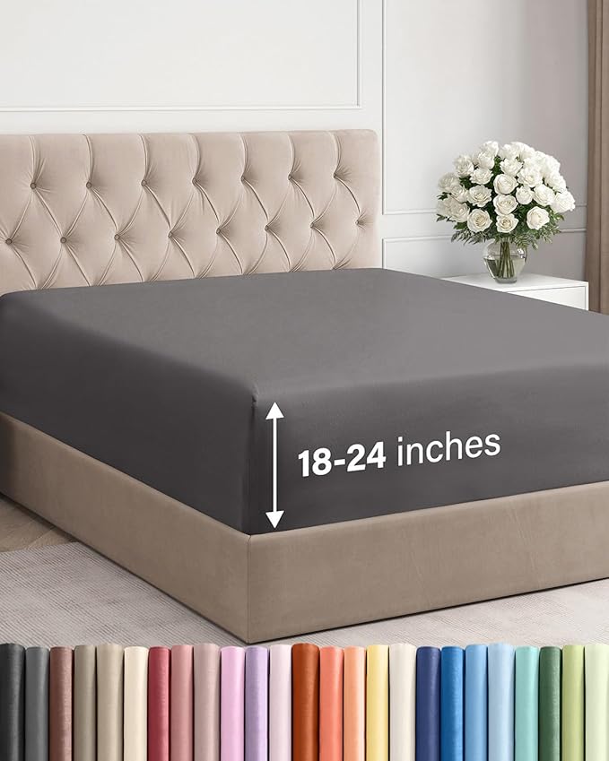 Extra Deep Full Fitted Sheet - Single Fitted Sheet Only - Dark Grey | Easily Fits 18 inch to 24 inch Mattress, Soft, Wrinkle Free, Breathable & Comfy, Extra Deep Pockets Hotel Luxury Fitted Sheet