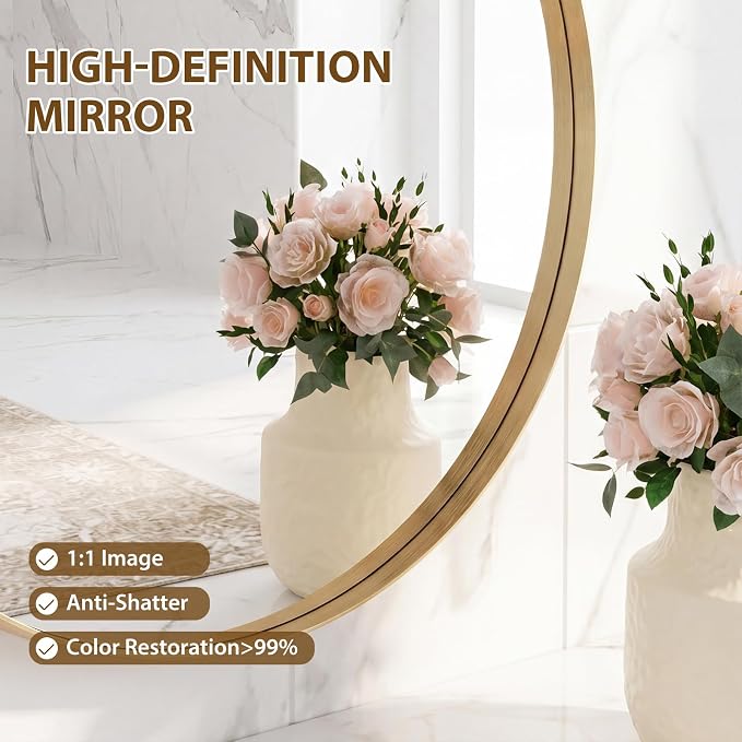 Sweetcrispy 24 Inch Round Bathroom Wall Mirror, Circle Vanity Mirror | Matte Metal Frame Mirrors fo over Sink, Home Decor, Living Room, Bedroom Hang Mount, Gold